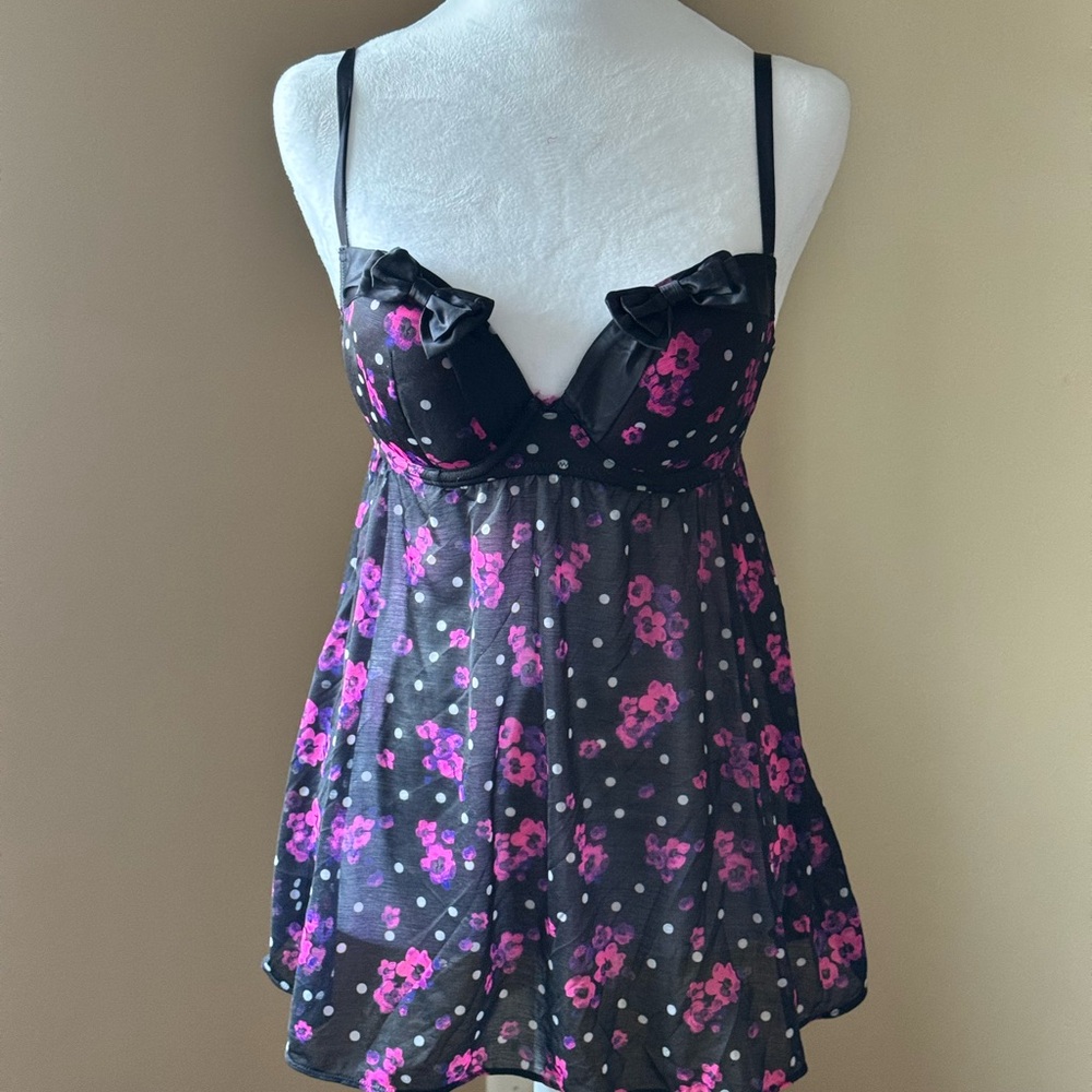 Black and Pink Floral Mesh Babydoll Chemise